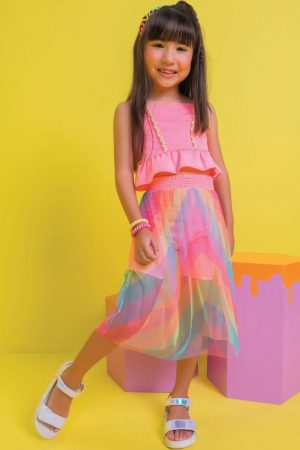 Conjunto Infantil Kukie Verão Com Saia em Tule Colorido Blusa Rosa Neon
Tam 8